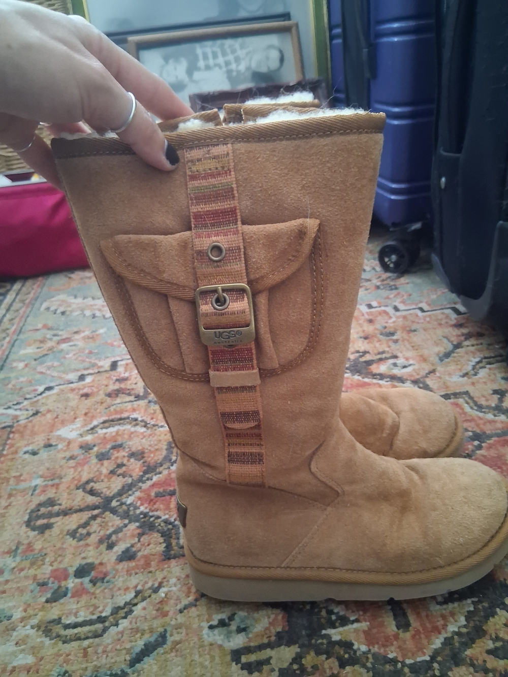 UGG Chestnut Suede Shearling-Lined Mid-Calf Buckle Boots